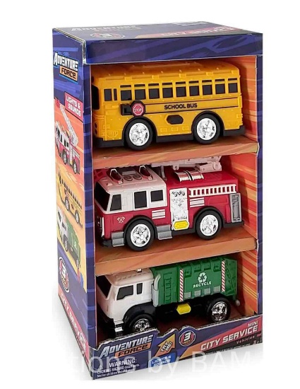 Adventure Force Light & Sound Mini City Service Vehicles, 3 Pack, School Bus, Fire Truck and