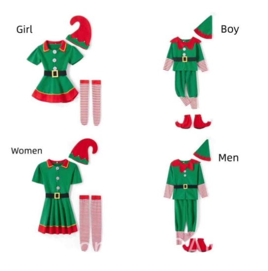 Four Pieces Christmas Family Cosplay Dress Elf Costume for Parents and Child with Hat Belt Socks