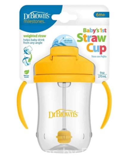 Dr. Browns Milestones Babys First Straw Cup with Weighted Straw, 9oz, Vintage Yellow, 6m+, 1 Pack