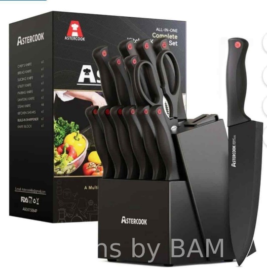 Astercook Kitchen Knife Set, 15 Pcs Knives Block Set with Built-in Sharpener, Healthy Anti-Rust C...