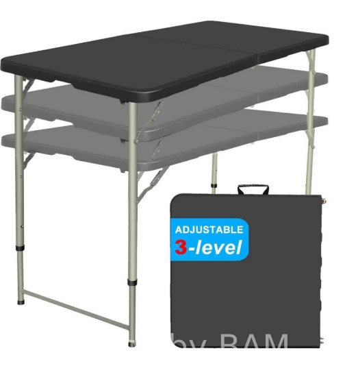 4 Foot Folding Table, Fold-in-Half Adjustable Height Camping Table, Indoor/Outdoor Essential