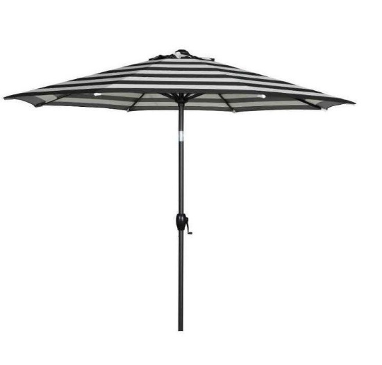Mainstays 9 ft Black and White Cabana Stripe Round Market Patio Umbrella, Easy Crank