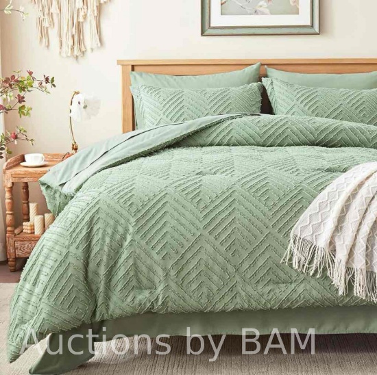 Queen Comforter Set 7 pieces, Sage Green Tufted Bed in a Bag with Comforter and Sheets, All Season