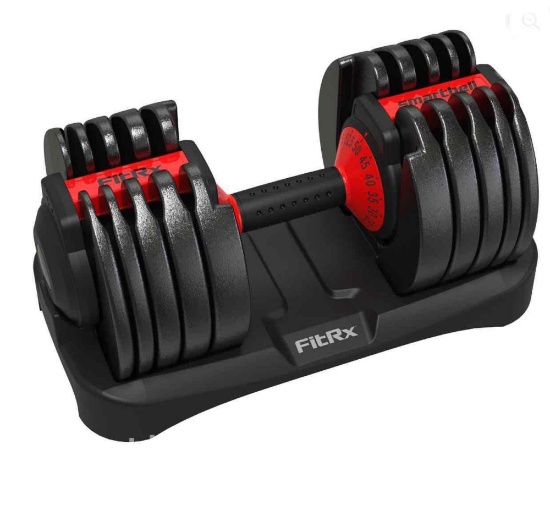 FitRx SmartBell, Quick-Select Adjustable Dumbbell for Home Gym, 5-52.5 lbs. Weight, Black, Single