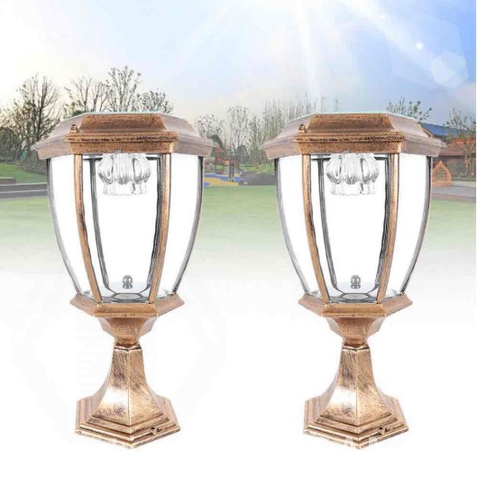 2pcs Pair Outdoor Yard Light LED Solar Power Lantern Landscape Pillar Post Lamp