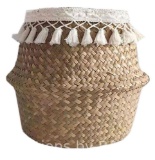 Tassel Macrame Woven Seagrass Belly Basket for Storage, Decoration, Laundry, Picnic, Plant Basin ...