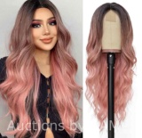 MORICA Cosplay Wig 26 Inch Ombre Pink Long Wavy Wig Natural Looking Cute Wigs for Daily Party