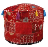 Aakriti Indian Pouf Footstool With Embroidery Ottoman With Ethnic Decor Art Cover Red 56X35 Cm
