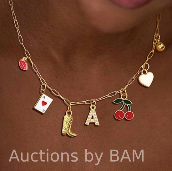 Charm Necklace-14K Gold Plated Charm Necklace Bow Cross Butterfly Cat Heart Cherry Poker Boots