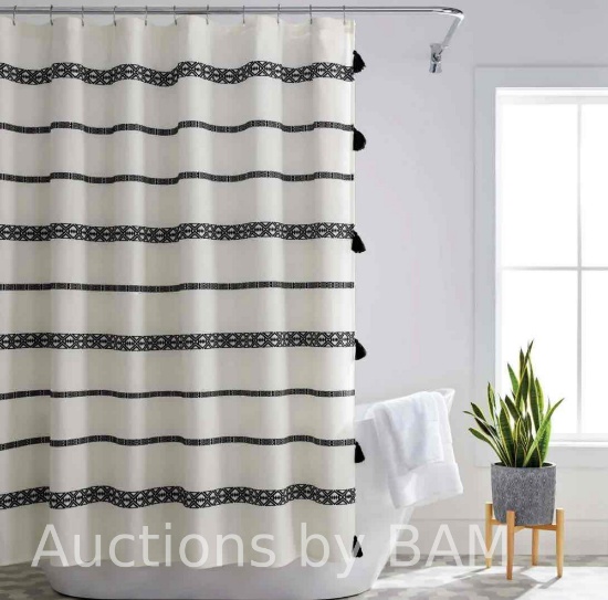 Better Homes & Gardens Boho Chic Shower Curtain, off-white/Rich Black, BCI Cotton, 72 x 72, Adult