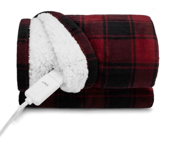 Sunbeam Throw Red & Black Buffalo Plaid Microplush Sherpa (Faux Shearling), 4 Heat Settings, 4-Hour
