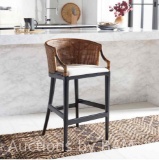 SAFAVIEH Brando Contemporary Rattan Bar Stool with Footrest, Natural Wash/Black Legs/White Cushion