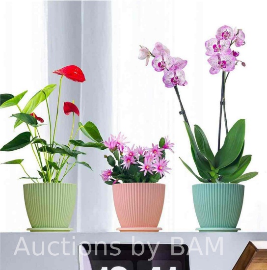 3 Plant Pots, 6 inch Plastic Planters with Saucers Modern Decorative Gardening Containers