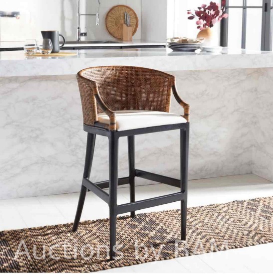 SAFAVIEH Brando Contemporary Rattan Bar Stool with Footrest, Natural Wash/Black Legs/White Cushion