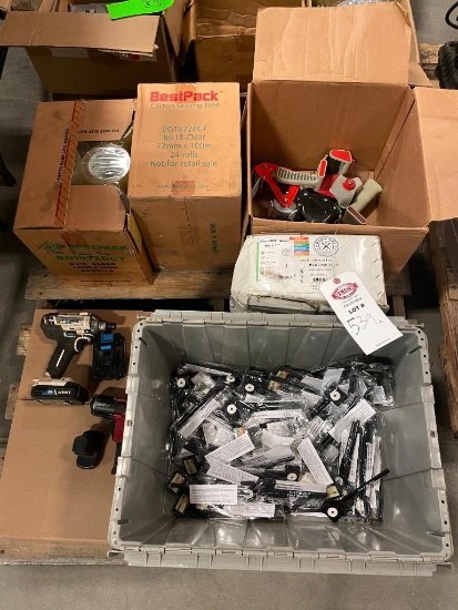 Pallet of Pens, Tape & Tape Dispensers, & Drills
