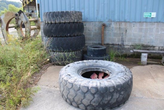 (5) Used Loader Tires, (1) Truck Tire, and (1) Skid Steer Tire
