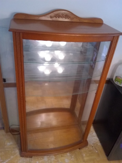 Lighted Decorative Oak Curio Cabinet with Mirror
