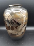Signed Silver Rim Cloisonne Vase- Cranes Mt. Fugi