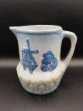 Antique Pottery Pitcher Windmill & Flowers