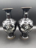 Pair of Black Cloisonne Inlaid Mother Of Pearl Vases