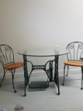 Glass Top Singer Base Caffe Table and 2 Metal Chairs