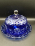 Cobalt Cut and Clear Cake Plate