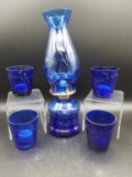 Cobalt Blue Etched Clear Oil Lamp and 4 Tea  Lights