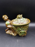 Vintage Boy Pushing Cart Lidded Dish