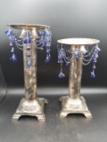 Set of 2 Silver Candle Sticks with Cobalt Beads