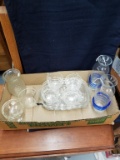 Box Lot- Luncheon Glass Set & Blue Decorated Vases