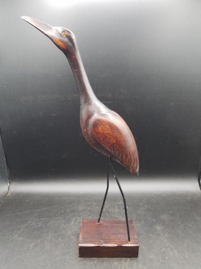 Wooden Bird Crane Sculpture With Metal Legs