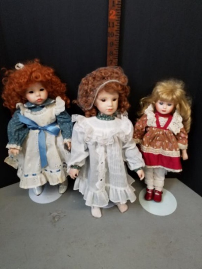 Box Lot- 3-Vintage Bisque Dolls On Stand