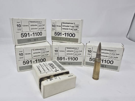 Swiss 7.5x55mm 7.5×55 K31 K11 GP11 591 1100 Box of 10. Total of 9 boxes. 7.5mm 7 5 mm Schmidt Rubin