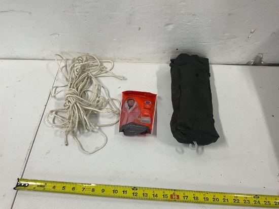 Emergency Blanket, Rope, Rain Pants