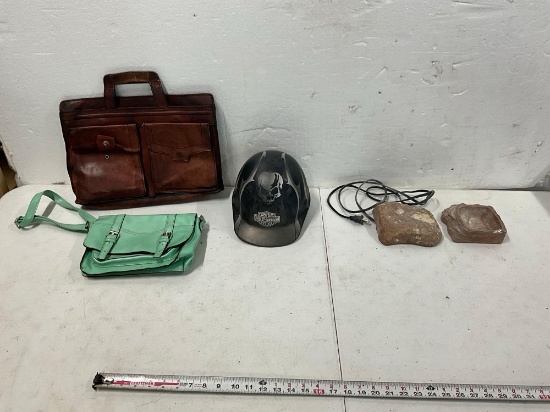 Harley Davidson Hard Hat, Leather Bag , Rock