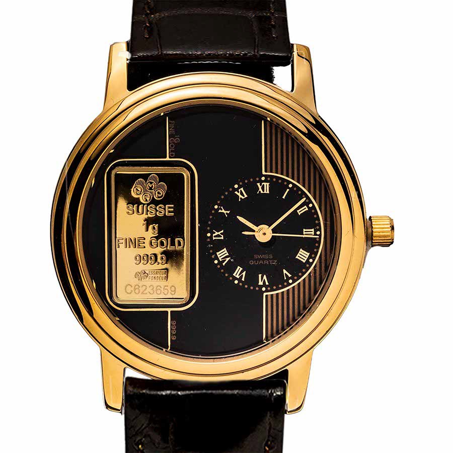Montre Vintage 'Lingot OR' CREDIT SUISSE Par CONSORT - Boîtier Or, Cadran Noir Et Or Avec Lingot 1g - Occasion Parfait état