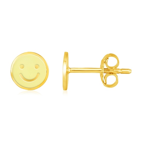 14k Gold & Enamel Yellow Smiley Face Stud Earrings