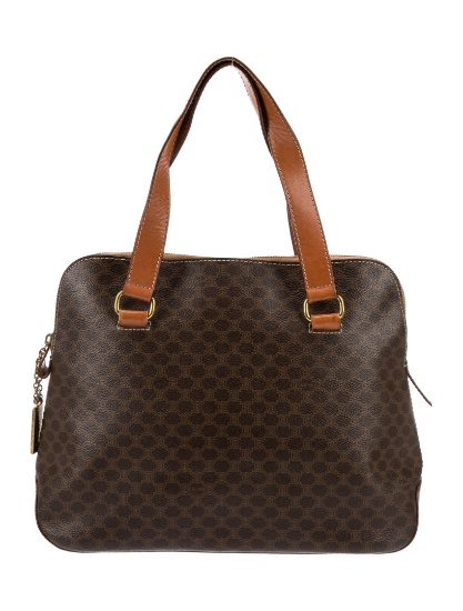 Celine Vtg Brown Printed Zip Cls Top Handle Bag
