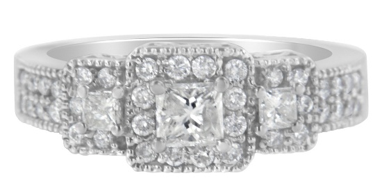 14k Wgold 1.00ct Diamond 3-stone Halo Ring