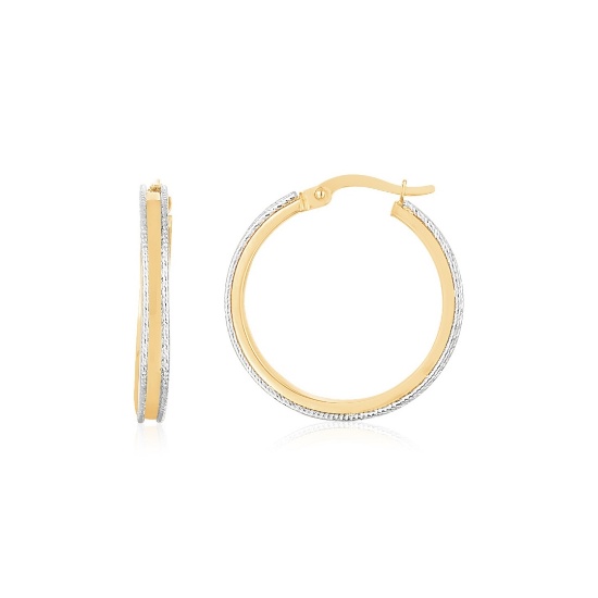 14k Two-tone Gold Diamond Cut Round Hoop Earrings