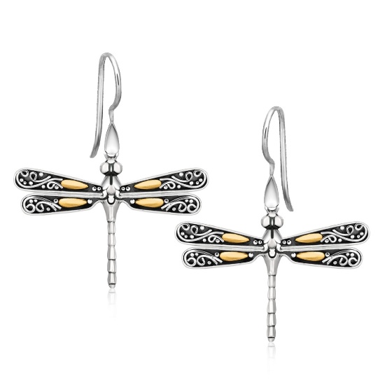 18k Gold & Silver Baroque Dragonfly Earrings