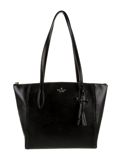 Kate Spade Black Leather Tassel Zip Closure Tote