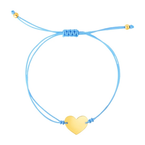 14k Gold Heart In Blue Cord Adjustable Bracelet