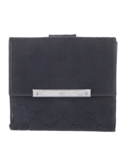 Gucci Black Canvas Silver-tone Hdw Compact Wallet