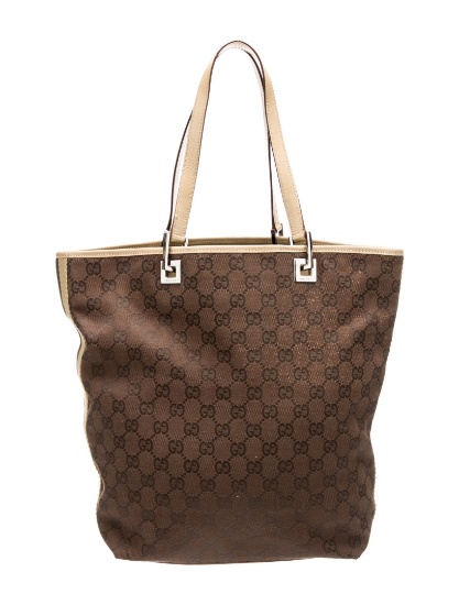 Gucci Gg Web Brown Canvas Gunmetal Hdw Tote
