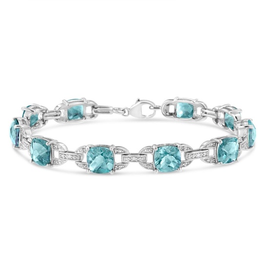 Gorgeous 1.90ct Blue Topaz & Diamond Link Bracelet