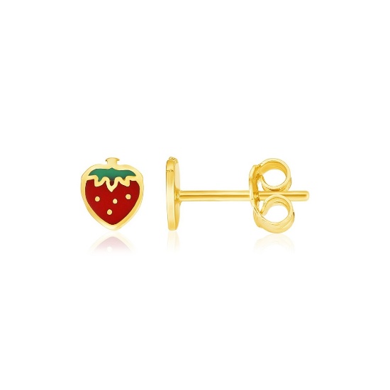 14k Gold & Enameled Strawberry Childrens Earrings