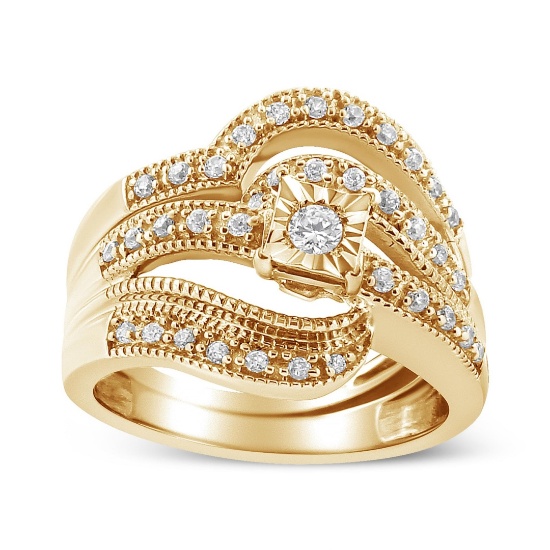 14k Gold-pl .33ct Diamond Wavy Crisscross Ring Set