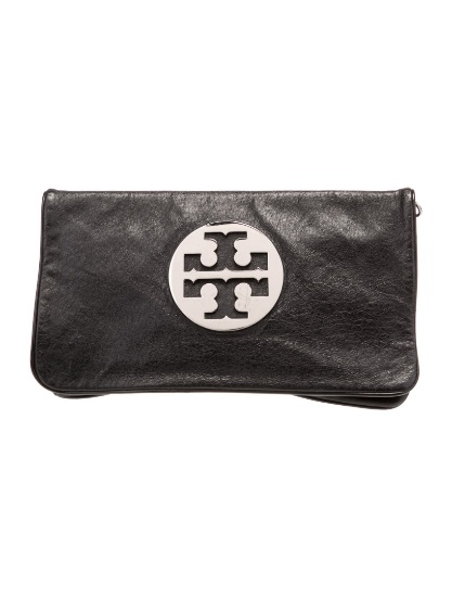Tory Burch Graphic Print Black Leather Snap Clutch