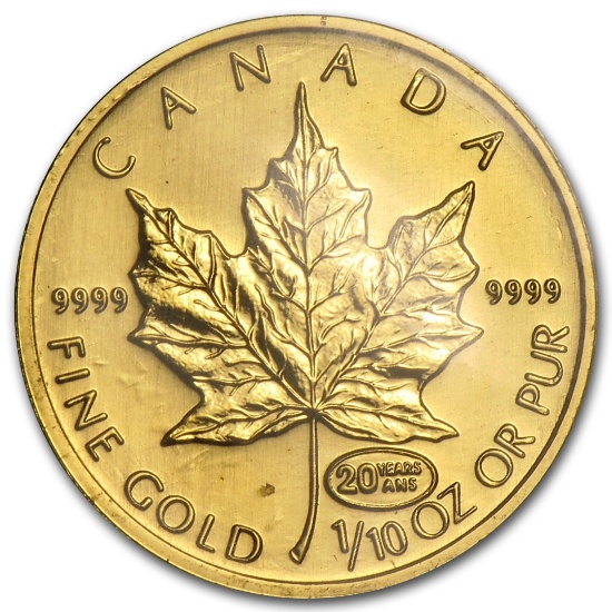 1999 Ca .1oz Gold Maple Leaf Bu 20 Years Ans Privy